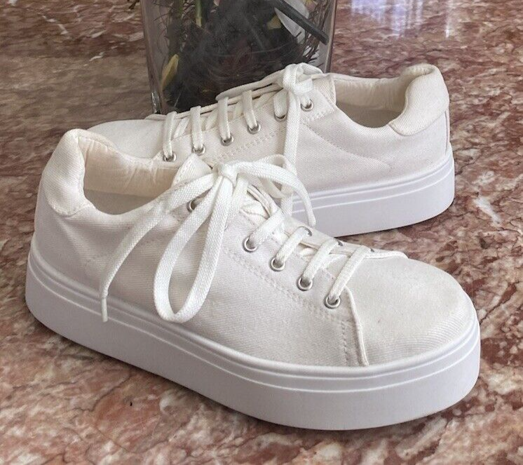 New ASOS Made In Italy Women's Ivory Canvas Platform Trainer Sneakers Sz  38/US