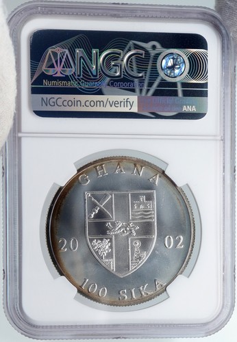 2002 GHANA General IGNATIUS Lion in Shield Silver 100 Shilling Coin NGC i89278 - Picture 4 of 5