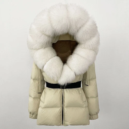 Winterjacke Damen echt Fuchspelz Kapuze dick warm weiß Entendaunenmantel - Bild 25 von 35