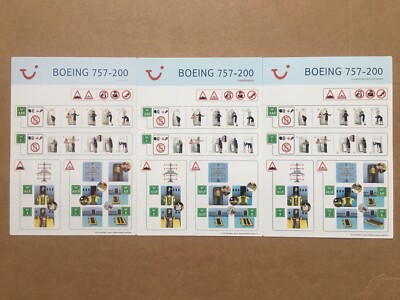 SET OF 3 TUI BOEING 757-200 AIRCRAFT AIRLINE ON BOARD IN FLIGHT SAFETY CARDS