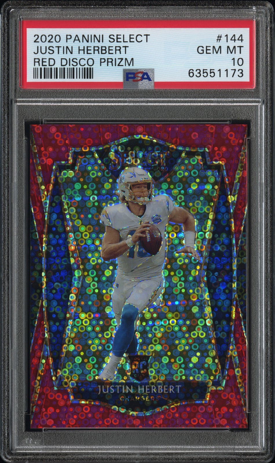 2020 PANINI SELECT RED DISCO PRIZM #144 JUSTIN HERBERT ROOKIE RC #/49 PSA 10