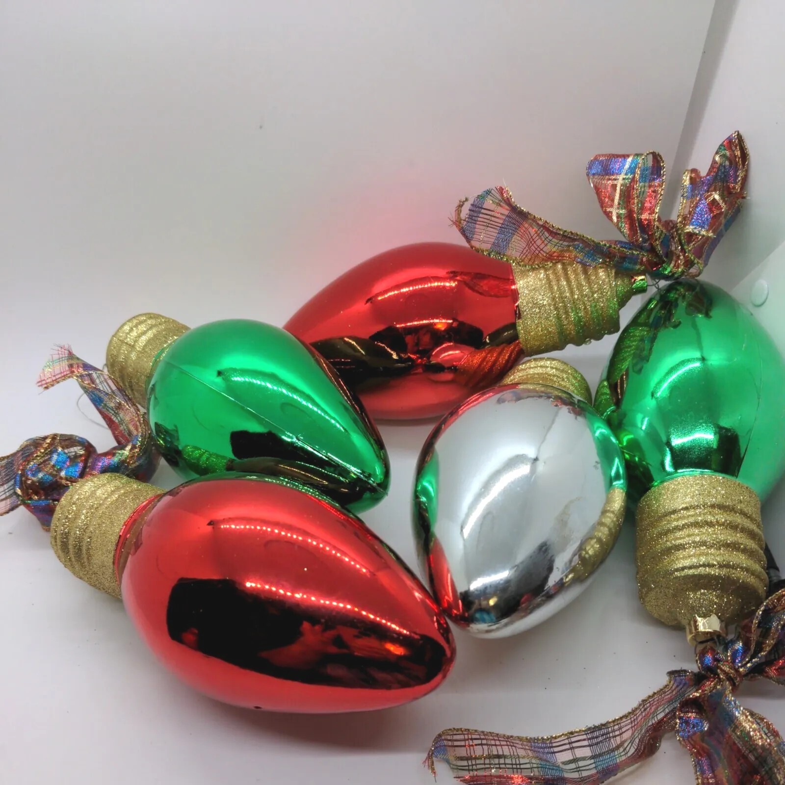 Giant Plastic Christmas Light Bulb Ornaments Lot of 5 Red Green Silver