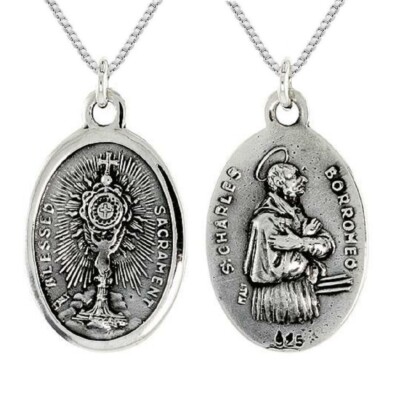 Sterlingsilber Blessed Sacrament & St Charles Borromeo Anhänger/Charm, Boxkette