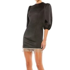 NWT Ieena For Mac Duggal Womens Black Satin Fringe Puff Sleeve Mini Dress Size 2