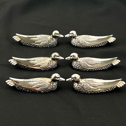 Vintage Set of Six Silver Plated Decorative Duck Knife Rests Made by Silea