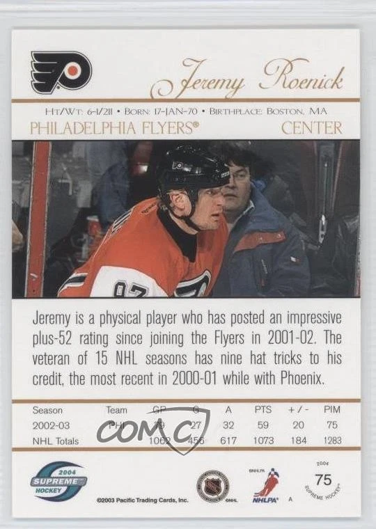 2003-04 Pacific Supreme Retail Jeremy Roenick #75 HOF - Image 2 of 2