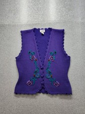 Koret Women Sweater Vest M Purple Floral Embroidered V Neck Button Front Boho