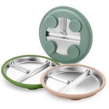 3Pack Sainless Steel Kids Plates with Suction, 8.1  Divided Toddler Baby Plat...
