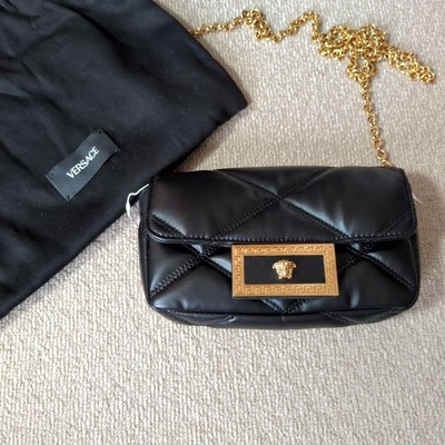 Versace Chain Shoulder Bag Leather Black Gold Hardware Auth Japan 136648