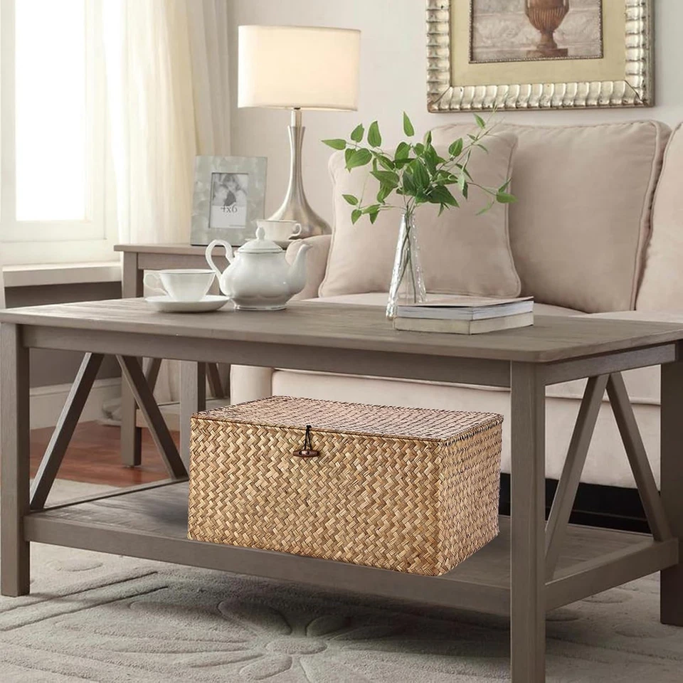 Cesto Portaoggetti in Vimini Intrecciato Con Coperchio, Rettangolare, per Bagno, - Immagine 2 di 4