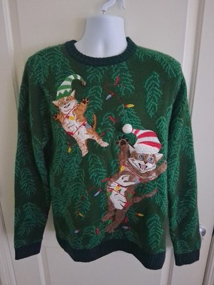 Blizzard Bay Men's Knit Sweater L Green Crew Neck Christmas Crazy Cats Funky