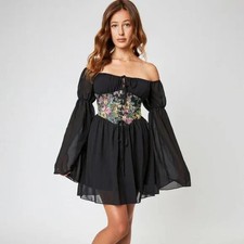Cider Black Coquette Chiffon Floral Corset Mini Dress Whimsigoth Fairy Ren Fest