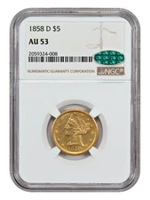 1858-D $5 NGC/CAC AU53 - Liberty Head $5