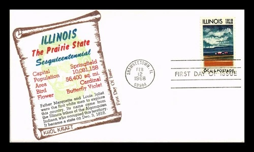 US COVER ILLINOIS STATEHOOD SESQUICENTENNIAL FDC SCOTT 1339 KHOL KRAFT CACHET
