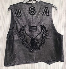 USA Leather Vest With Eagle Flag Patch USA Black Size Med Biker Soft Leathers