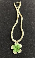 Vintage Green Flower Puka Shell Choker Necklace 15-17 inch Surfer Beach