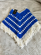 Girls Size 5 Crochet Poncho Blue White Fringe Boho NWT