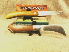 Lot of 2 Work Utility Knives Hawkbill Lockback Blade & Sodbuster Wood Handles 4"