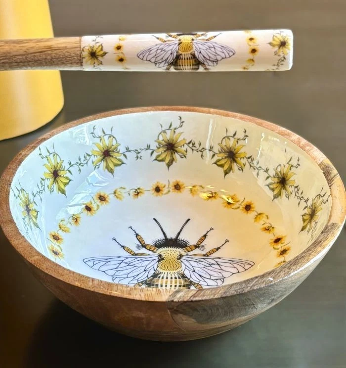 Juego de Cuenco y Cuchara para Servir Artesanal Abeja Floral French Country 8" Nuevo Foto 3 de 4