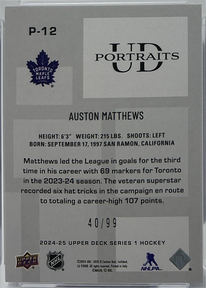 Auston Matthews PSA 10- 2024 Upper Deck-UD Portraits ‘Red’ /99 -Maple Leafs view 8
