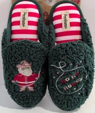 Dearfoams Slippers Cowboy Santa Woman's 5/6 Green Memory Foam Sherpa Scuff