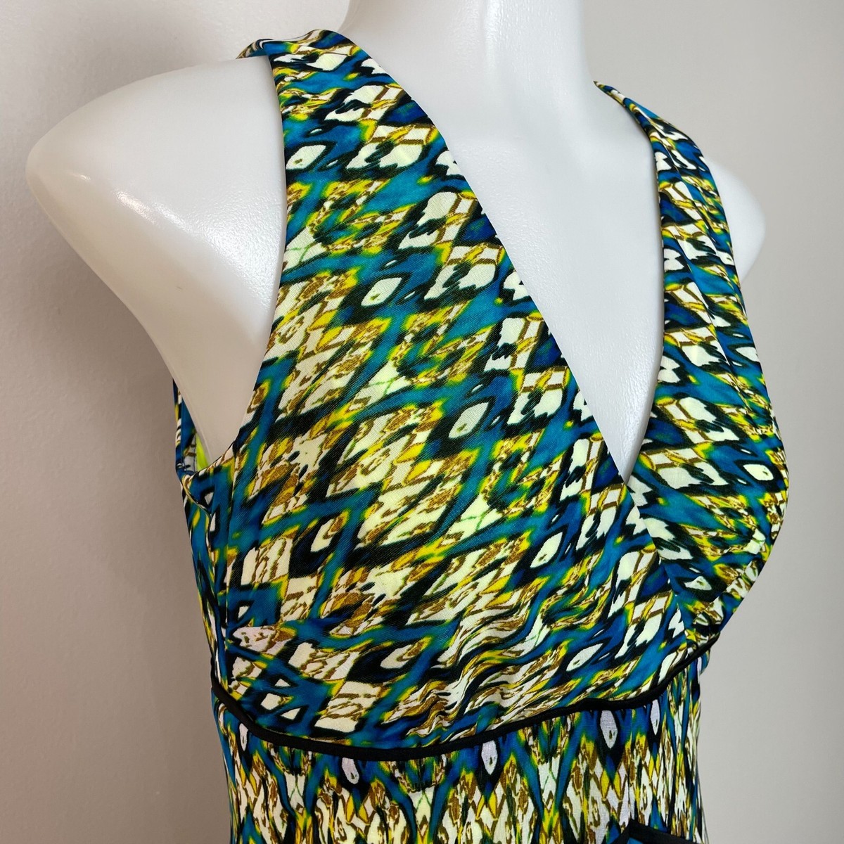 Andrew Marc New York Mini Dress 6 Bright Green Blue Sleeveless V-Neck  Women's