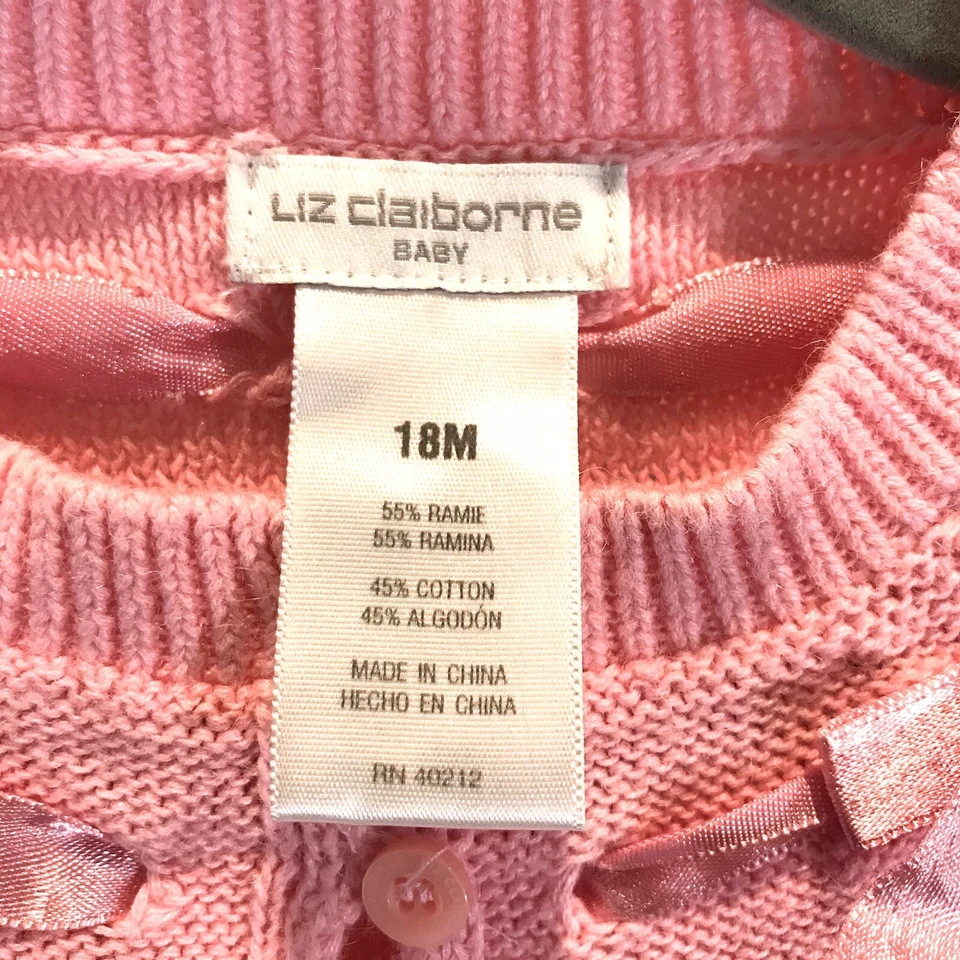Cárdigan Liz Claiborne Bebé Rosa Crochet Frente Abierto Rosa Lazo Cinta Talla 18 Mos Foto 3 de 4