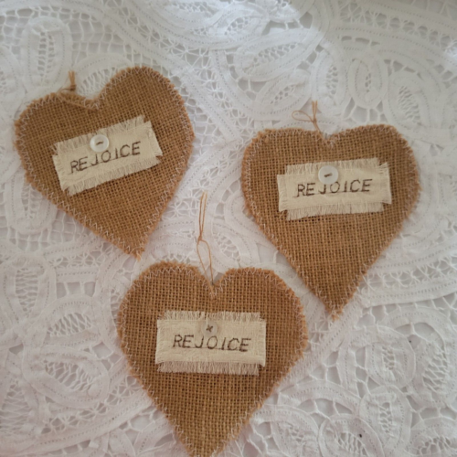Set of 3 Handmade Hearts Christmas Ornaments Rejoice - Picture 1 of 1