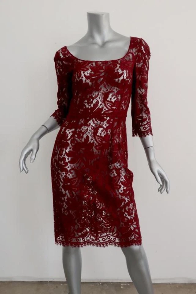 Dolce & Gabbana Lace Dress Dark Red Size 40 Scoop Neck 3/4 Sleeve - Image 2 of 4