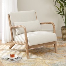 Armchair Boho Whitewash Oak Finish Natural Linen Fabric Living Room Luxury
