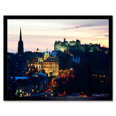 Foto Stadtbild Skyline Edinburgh Schloss Sonnenuntergang Dämmerung 12x16 Zoll gerahmter Kunstdruck