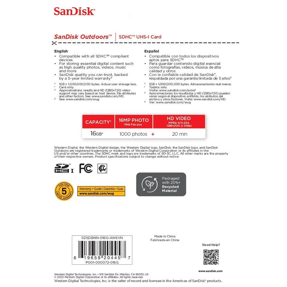 Trail Camera Cards SanDisk® Outdoors Double Pack 16GB Waterproof High