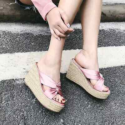Sandalen Kunstleder Kordel Sabot Keilabsatz 10 cm bequem rosa Stoff 8063
