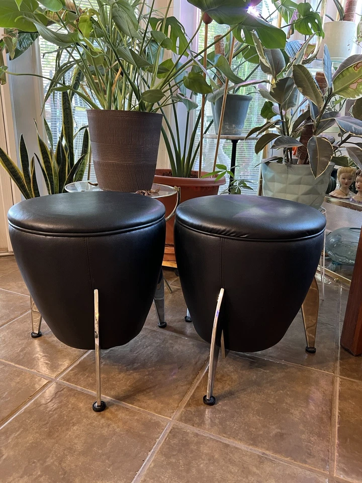 Vintage 1970s Black Leather & Chrome Space Age Footstools Retro - Image 3 of 4