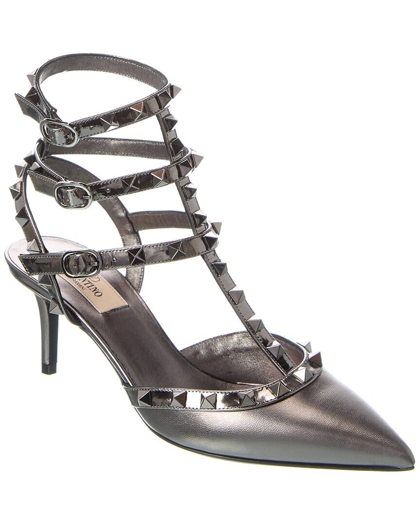 Valentino Rockstud Caged 65 Leather Ankle Strap Pump Womens Grey 36
