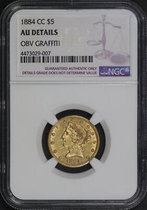 1884-CC Half Eagle $5 Gold Liberty Head NGC AU Details Obverse Graffiti "SKH"