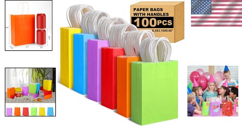 Eco-Friendly Kraft Paper Gift Bags - Bulk Pack of 100 for Colorful Celebrations - Picture 2 of 11