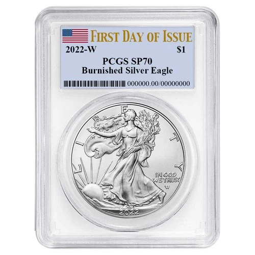 2022-W Burnished $1 American Silver Eagle PCGS SP70 FDOI Flag Label White Frame