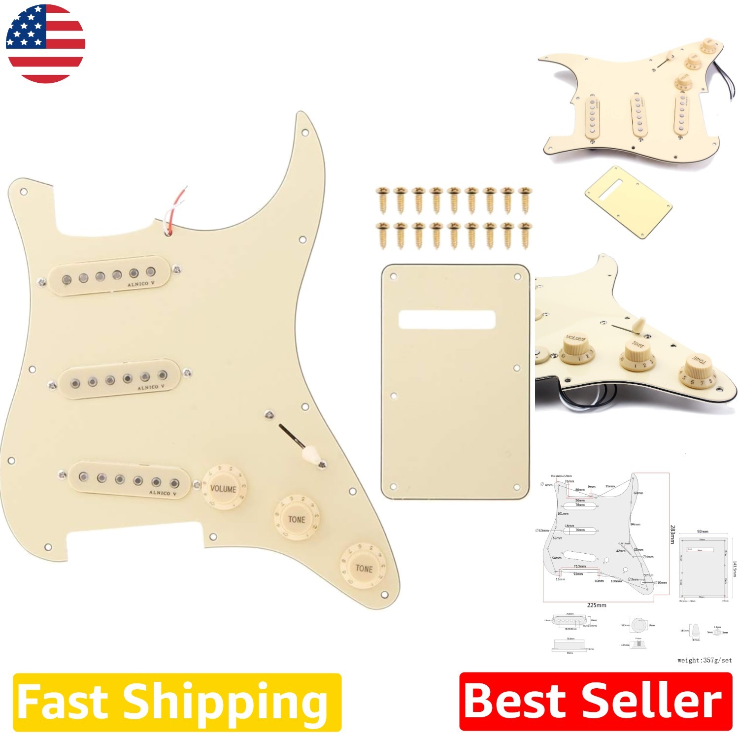 Strat Prewired Pickguard Yellow Alnico V SSS Pickups Kit Tremolo