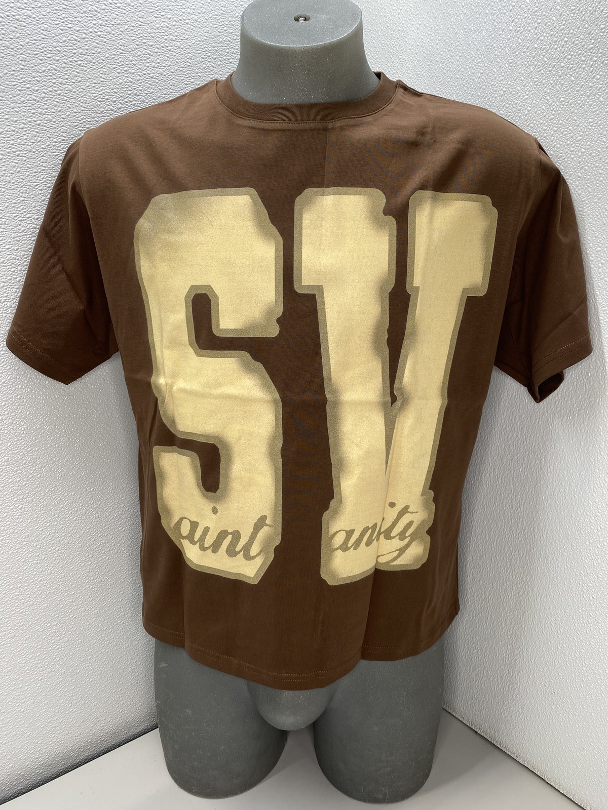 Saint Vanity Mens T-Shirt Brown Size S Logo Printed Short Sleeve Pullover Cotton