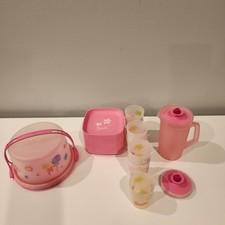 Barbie Mini Tupperware Toys; Cake Holder, 7 Cups, 11 Plates, 1 Pitcher W/ Lid