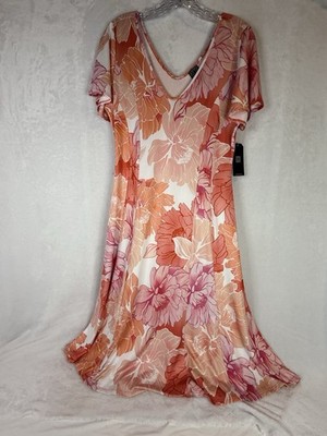 Clara Sun Woo Floral Swing Dress M Pink Orange Midi Stretch Knit NWT