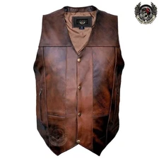 Mens Brown Buffalo Hide Leather 10 Pockets Concealed Carry Retro Vest Side Laces