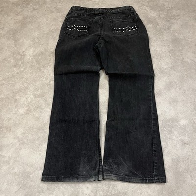 Vintage Y2K Bootcut Jeans L Schwarz Bestickt Damen Lowwaist Flared Miss Me Style