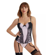 NWT Body Rage Pink / Black L large Lace Bow Corset