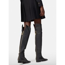 Women Versace Black Leather Logo Safety Pin Zip Back Over Knee Flat Boots 