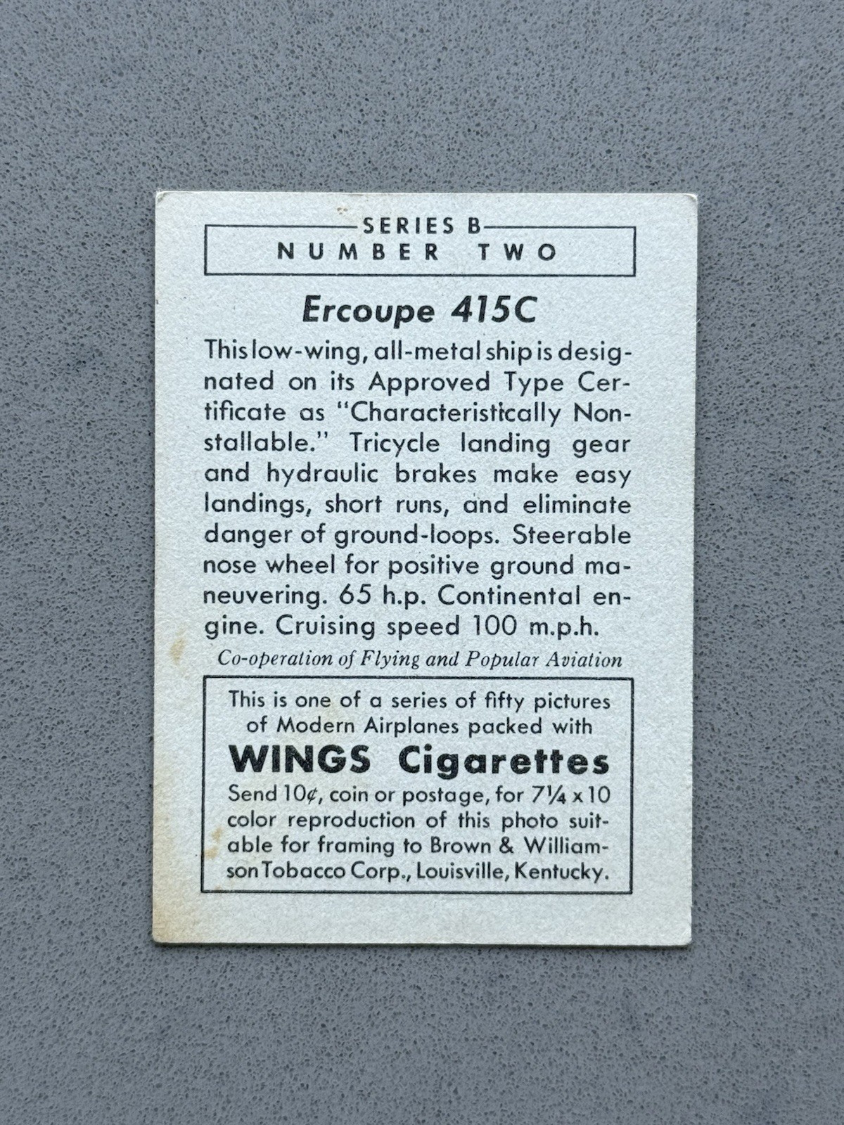 1940-42 Wings Cigarettes Series B Ercoupe 415C #2 Vintage Card