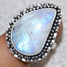 925 Silver Plated Rainbow Moonstone Ring US 7 Anniversary Gift Jewelry Trendy JW