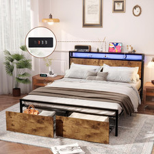 Bed Frame Queen Size with Charged Headboard, Platform Metal Bed with 2 Drawers S