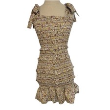 Storia Smocked Floral Mini Dress Small Ruffle Tiered Stretch Cottagecore Boho
